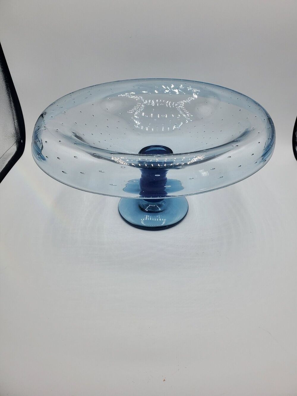 Bubble ART GLASS BLUE FLARED FOOT LARGE 12” CENTERPIECE STATEMENT BOWL